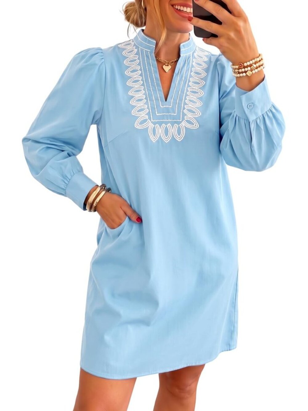 Womens V Neck Shift Dress Long Sleeve Embroidered Mini Dresses